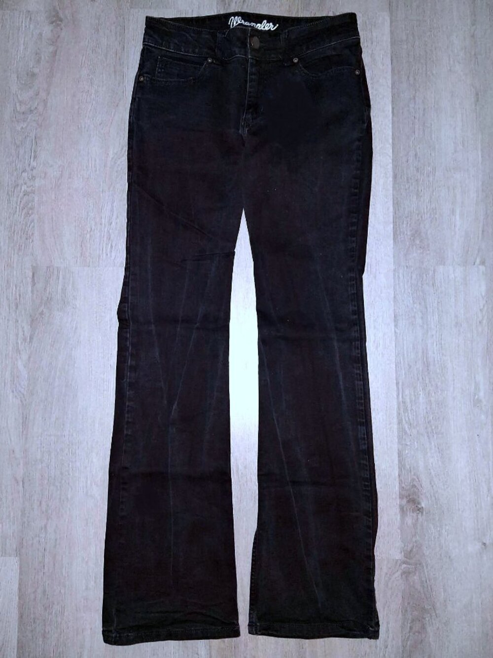 Wrangler Black Boot Cut Jeans Size 5 x 34 Distressed Denim Flares Wide Leg Pants